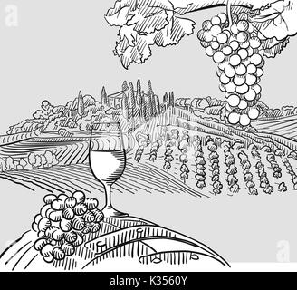 Botte di vino le uve e illustrazione del paesaggio. Disegnata a mano il cibo sano sketch. In bianco e nero per il disegno vettoriale sulla lavagna. Illustrazione Vettoriale