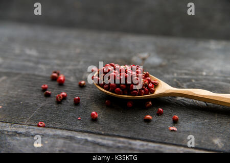 Chiudere il cucchiaio di legno con peppe rosa su sfondo scuro Foto Stock