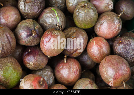 Frutti della passione i laici sul contatore di street food market sull' isola di Madeira, Portogallo. Close-up foto con messa a fuoco selettiva Foto Stock