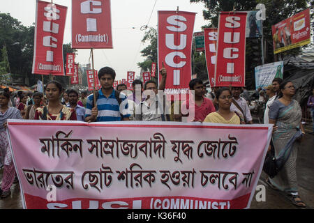 Kolkata, India. 01 Sep, 2017. kolkata,l'India, 01 settembre, 2017. Il partito comunista dei lavoratori proteste contro la crescente imperialismo in India. Credito: Sudip Maiti/Alamy Live News Foto Stock