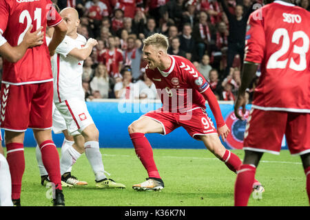 Copenhagen, Danimarca. 01 Sep, 2017. Danimarca Copenhagen - 1 settembre 2017. Nicolai Jørgensen (9) della Danimarca visto durante la Coppa del Mondo il qualificatore tra la Danimarca e la Polonia a Telia Parken di Copenaghen. Credito: Gonzales foto/Alamy Live News Foto Stock