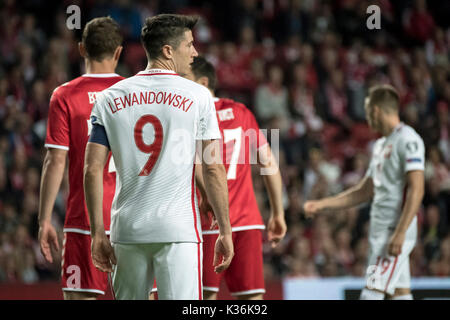 Copenhagen, Danimarca. 01 Sep, 2017. Danimarca Copenhagen - 1 settembre 2017. Robert Lewandowski (9) della Polonia visto durante la Coppa del Mondo il qualificatore tra la Danimarca e la Polonia a Telia Parken di Copenaghen. Credito: Gonzales foto/Alamy Live News Foto Stock