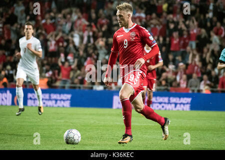 Copenhagen, Danimarca. 01 Sep, 2017. Danimarca Copenhagen - 1 settembre 2017. Nicolai Jørgensen (9) della Danimarca visto durante la Coppa del Mondo il qualificatore tra la Danimarca e la Polonia a Telia Parken di Copenaghen. Credito: Gonzales foto/Alamy Live News Foto Stock