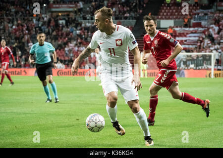 Copenhagen, Danimarca. 01 Sep, 2017. Danimarca Copenhagen - 1 settembre 2017. Kamil Grosicki (11) della Polonia visto durante la Coppa del Mondo il qualificatore tra la Danimarca e la Polonia a Telia Parken di Copenaghen. Credito: Gonzales foto/Alamy Live News Foto Stock