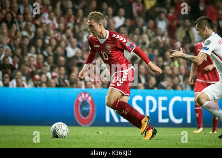 Copenhagen, Danimarca. 01 Sep, 2017. Danimarca Copenhagen - 1 settembre 2017. Christian Eriksen (10) della Danimarca visto durante la Coppa del Mondo il qualificatore tra la Danimarca e la Polonia a Telia Parken di Copenaghen. Credito: Gonzales foto/Alamy Live News Foto Stock