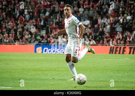 Copenhagen, Danimarca. 01 Sep, 2017. Danimarca Copenhagen - 1 settembre 2017. Thiago Cionek (4) della Polonia visto durante la Coppa del Mondo il qualificatore tra la Danimarca e la Polonia a Telia Parken di Copenaghen. Credito: Gonzales foto/Alamy Live News Foto Stock