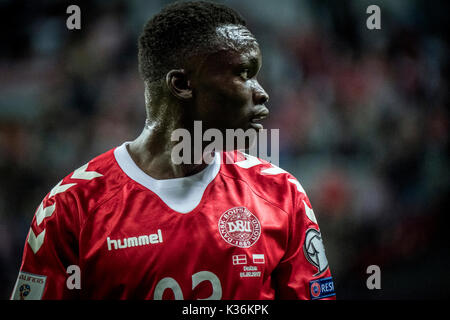 Copenhagen, Danimarca. 01 Sep, 2017. Danimarca Copenhagen - 1 settembre 2017. Pione Sisto (23) della Danimarca visto durante la Coppa del Mondo il qualificatore tra la Danimarca e la Polonia a Telia Parken di Copenaghen. Credito: Gonzales foto/Alamy Live News Foto Stock