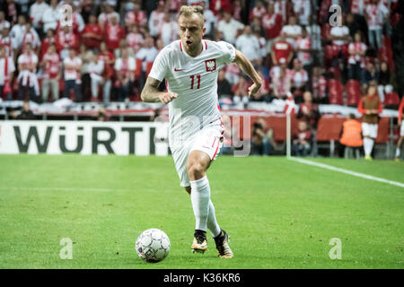 Copenhagen, Danimarca. 01 Sep, 2017. Danimarca Copenhagen - 1 settembre 2017. Kamil Grosicki (11) della Polonia visto durante la Coppa del Mondo il qualificatore tra la Danimarca e la Polonia a Telia Parken di Copenaghen. Credito: Gonzales foto/Alamy Live News Foto Stock