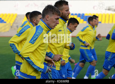 Kharkiv, Ucraina. Il 1 settembre 2017. Aprire la sessione di formazione dell'Ucraina National Football Team prima della Coppa del Mondo FIFA 2018 partita di qualificazione contro la Turchia. OSC Metalist stadium di Kharkiv, Ucraina. Credito: Oleksandr Prykhodko/Alamy Live News Foto Stock