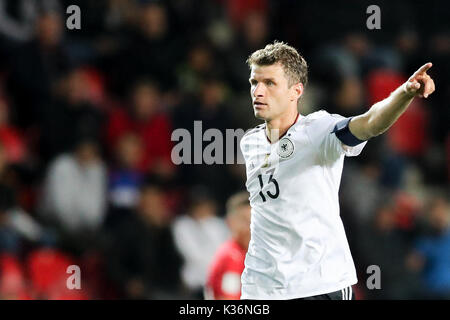 Praga, Repubblica Ceca. 01 Sep, 2017. Germania Thomas Mueller gesti durante i Mondiali di calcio qualification group stage match tra la Repubblica ceca e la Germania in Eden Arena di Praga Repubblica Ceca, 01 settembre 2017. Foto: Jan Woitas/dpa-Zentralbild/dpa/Alamy Live News Foto Stock