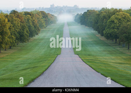 Windsor, Regno Unito. Il 2 settembre, 2017. Early Morning mist derive attraverso la lunga passeggiata in Windsor Great Park. Credito: Mark Kerrison/Alamy Live News Foto Stock