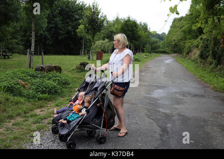 Madre di due gemelli in passeggino Foto Stock