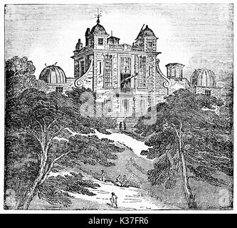 Antica suggestiva vista del Royal Observatory di Greenwich Flamsteed (casa) Londra, circondato da natura e alberi. Vecchia illustrazione di autore non identificato pubblicato il Magasin pittoresco Parigi 1834 Foto Stock