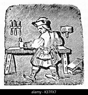 Icona medioevale di un falegname lavorando sulla sua scrivania con i suoi strumenti. Dopo il disegno del distrutto misericord a Corbeil Saint-Spire cattedrale. Pubblicato il Magasin pittoresco Parigi 1834 Foto Stock