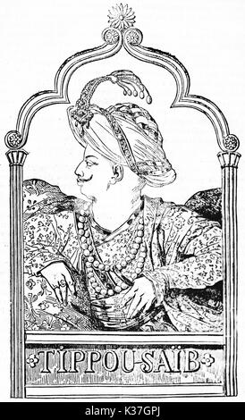 Mezzo corpo ritratto di un sultano profilo nella tradizionale e ricca di vestiti all'interno di un telaio arabico, Tipu (1750 - 1799) dominatore del Regno di Mysore. Da Gigou pubblicato il Magasin pittoresco Parigi 1834 Foto Stock