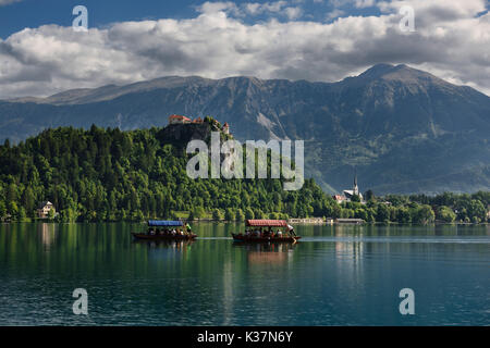 Pletna tradizionali imbarcazioni con tettoia colorati sul lago di Bled con il castello di Bled sulla scogliera e la chiesa di St Martin Sol massiccio dei monti Karawanks Slovenia Foto Stock