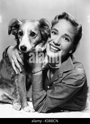 SYLVIA SYMS A CASA A METÀ ANNI CINQUANTA CON IL SUO CANE PETER Foto Stock