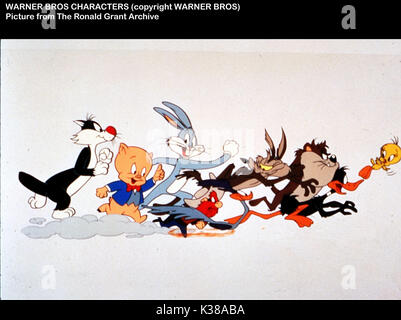 La WARNER BROTHERS personaggi animati L-R, Silvestro, Porky Pig, Bugs Bunny Yosemite Sam, il coyote, il Diavolo della Tasmania, Daffy Duck, Tweety Pie Foto Stock