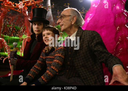 CHARLIE E LA FABBRICA DI CIOCCOLATO Johnny Depp come Willy Wonka, Freddie Highmore come Charlie e David Kelly come nonno Joe fotografie per essere utilizzata esclusivamente per la pubblicità, la promozione e la pubblicità o le recensioni di questo specifico Motion Picture e restano di proprietà dello studio. Non per la vendita o la ridistribuzione. Data: 2005 Foto Stock