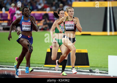 Hanne MAUDENS (Belgio), Györgyi ZSIVOCZKY-FARKAS (Ungheria), Sharon day-MONROE (Stati Uniti d'America) competere nel Hepthalon 800m 1 di calore al 2017, IAAF Campionati del Mondo, Queen Elizabeth Olympic Park, Stratford, Londra, Regno Unito. Foto Stock