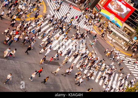 TOKYO, GIAPPONE GIUGNO 28 - 2017: vista superiore della folla di persone che attraversano in Shibuya street, uno dei più trafficati crosswalks nel mondo, nel quartiere di Ginza a Tokyo Foto Stock