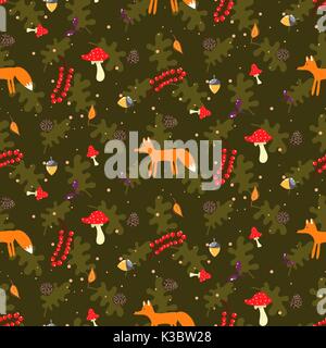 Cartoon rustico autunno foresta vettore seamless pattern. Illustrazione Vettoriale