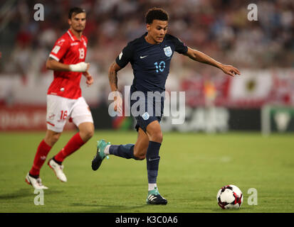 L'inglese di DELE Alli durante le Qualifiche della Coppa del mondo FIFA 2018, partita del Gruppo F allo Stadio Nazionale Ta' Qali. PREMERE ASSOCIAZIONE foto. Data immagine: Venerdì 1 settembre 2017. Vedi PA storia CALCIO Malta. Il credito fotografico dovrebbe essere: Nick Potts/PA Wire. Foto Stock