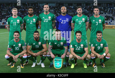 Back Row: (Sinistra-destra) James McClean, Cyrus Christie, Shane Duffy, Darren Randolph, Stephen Ward e Alex Pearce della Repubblica d'Irlanda. Prima fila: Robbie Brady, Jonathan Walters, Glenn Whelan e Harry Arter e Shane Long durante la gara di qualificazione alla Coppa del mondo FIFA 2018, il gruppo D al Boris Paichadze Stadium di Tbilisi. PREMERE ASSOCIAZIONE foto. Data foto: Sabato 2 settembre 2017. Guarda la storia della Pennsylvania Soccer Georgia. Il credito fotografico dovrebbe essere: Steven Paston/PA Wire. RESTRIZIONI: Solo per uso editoriale, non uso commerciale senza previa autorizzazione Foto Stock