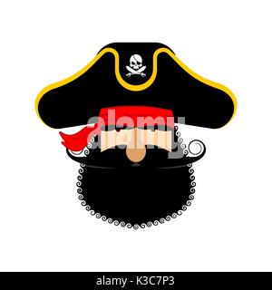 Ritratto di pirati in hat. occhio patch e tubo di fumo. filibuster cap. ossa e il cranio. testa corsair barba nera. Illustrazione Vettoriale