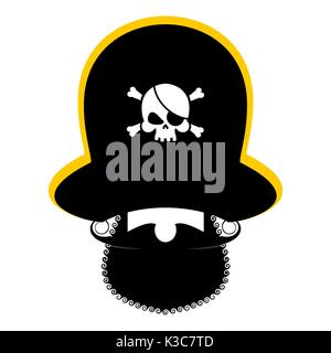 Ritratto di pirati in hat. occhio patch e tubo di fumo. filibuster cap. ossa e il cranio. testa corsair barba nera. Illustrazione Vettoriale