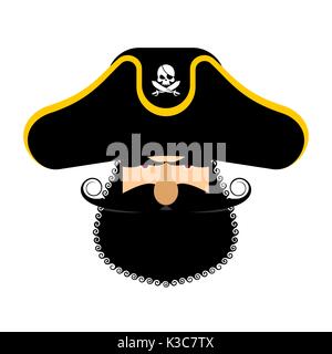 Ritratto di pirati in hat. occhio patch e tubo di fumo. filibuster cap. ossa e il cranio. testa corsair barba nera. Illustrazione Vettoriale