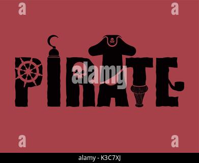 Tipografia pirata segno. Lettere e patch dell'occhio. Filibuster legno gamba e cranio. piratesco hat e gancio. Illustrazione Vettoriale