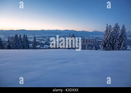 Vista dall'Auerberg su Ammergauer alpi e Tannheimer mountain range, Alta Baviera, Baviera, Germania, Foto Stock