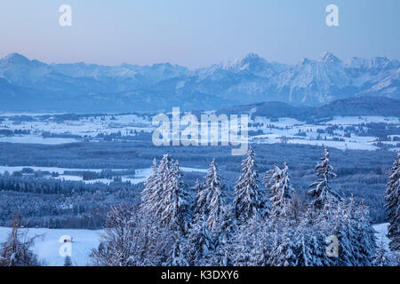 Vista dall'Auerberg su Ammergauer alpi e Tannheimer mountain range, Alta Baviera, Baviera, Germania, Foto Stock