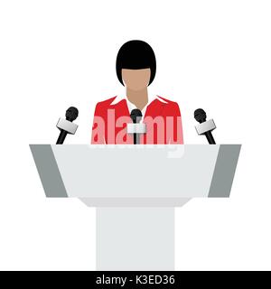 Illustrazione Vettoriale donna oratore parlando dalla tribuna. Business Woman in Red Suit. Persona di altoparlanti. Altoparlante in conferenza. Podio discorso. Podio oratore Illustrazione Vettoriale