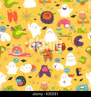 Modello senza giunture fantasmi e mostri halloween Illustrazione Vettoriale
