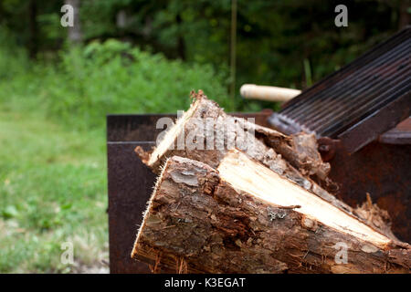 Pezzi o pali di legno o log, impilati accanto a un campeggio stufa in estate Foto Stock