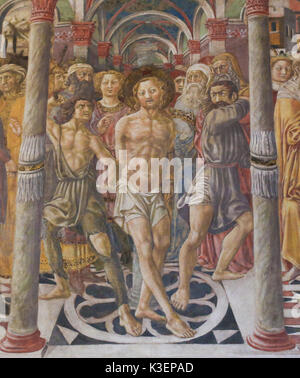 Affresco (1450) da Vecchietta in Siena il Battistero di San Giovanni presso la cattedrale di Siena, raffigurante la Flagellazione di Cristo Foto Stock