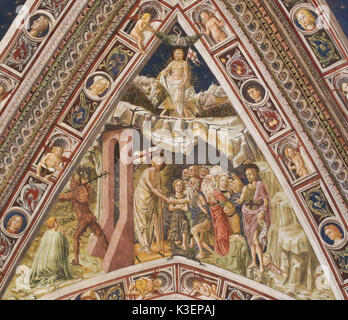 Affresco (1450) da Vecchietta in Siena il Battistero di San Giovanni presso la cattedrale di Siena, che raffigura Gesù accogliendo le anime in Cielo e il Diavolo Foto Stock