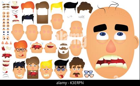 Cartoon viso maschile caratteri per il tuo modello. Grande insieme di emozioni, le espressioni del viso. Illustrazione Vettoriale. Illustrazione Vettoriale