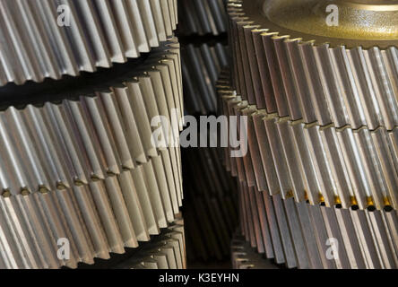 Rotismo elicoidale ruote utilizzate nella produzione industriale di treni di ingranaggi per impieghi gravosi elelctric motori e applicazioni industriali. Foto Stock