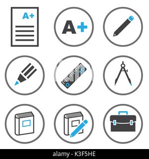 Impostare il vettore di istruzione le icone della linea in linea Circle, design piatto istruzione, documento, matita, A+ punto, righello, libro e borsa. Raccolta infograph moderno Illustrazione Vettoriale