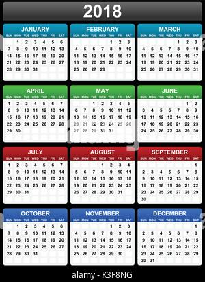 Semplice modificabile 2018 anno calendario vettoriali in formato eps 10. La domenica prima. Illustrazione Vettoriale