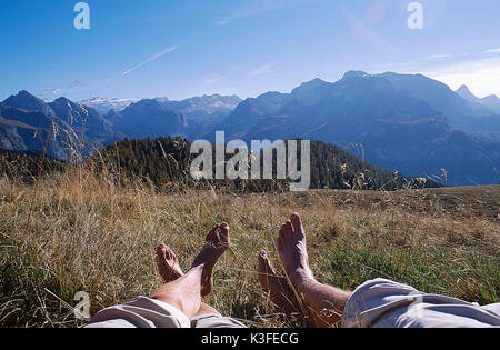 Gambe su un prato davanti al panorama di montagna Foto Stock