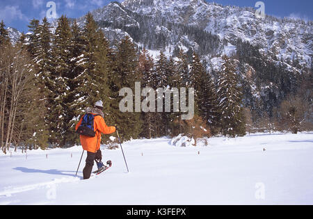 Con le racchette da neve a piedi a Schwangau in Algovia Foto Stock