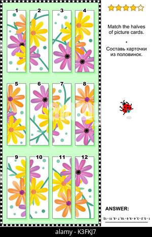 Visual puzzle con gerbera daisy fiori: corrisponde alla metà della picture card. risposta inclusa. Illustrazione Vettoriale