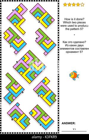 Iq astratto di formazione visual puzzle: come si fa? Quali due pezzi sono stati usati per produrre il modello 5? Risposta inclusa. Illustrazione Vettoriale