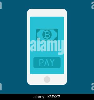 Business man mano che tiene smartphone con bitcoin icona sulla schermata gadget mobili design piatto mockup. Vettore Illustrazione Vettoriale