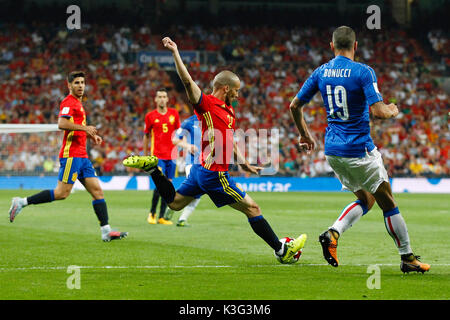 David Silva (21) giocatore spagnolo. In azione durante il match di qualificazione per il 2018 World Cup, Round 7, tra la Spagna vs Italia a stadio Santiago Bernabeu di Madrid in Spagna, il 2 settembre 2017 . Foto Stock