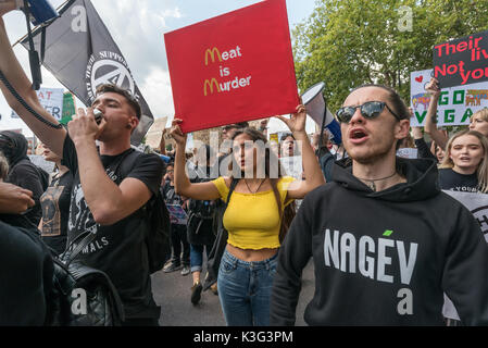 London , REGNO UNITO. Il 2 settembre 2017. Una donna che tiene un poster 'Mmangiare è un assassinio ' per il McDonald colori sul marzo da diverse migliaia di vegani da Hyde Park a Londra chiedendo la fine di tutte le oppressioni degli animali nel 2017 Gazzetta dei diritti degli animali Marzo, supportati da salvare il movimento e HeartCure collettivo. Molti portati manifesti o cartelloni per chiedere la fine di riguardanti gli animali come alimenti o fonti di lana e peli, e ci sono stati alcuni vestiti come animali. Peter Marshall / Alamy Live News Foto Stock